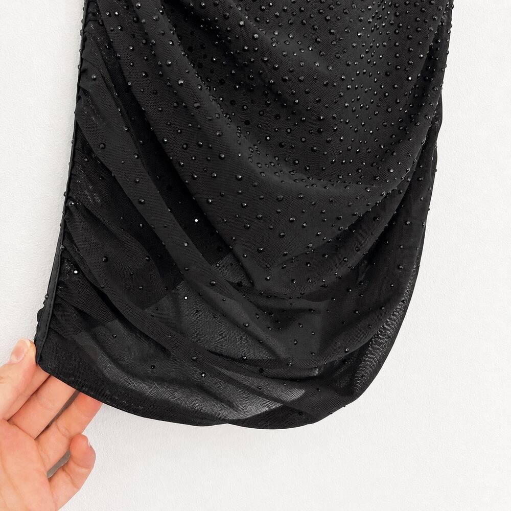 Oh Polly Black Rhinestone Ruched Mesh Bodycon Mini Dress US 6 Party Clubwear - Picture 3 of 10